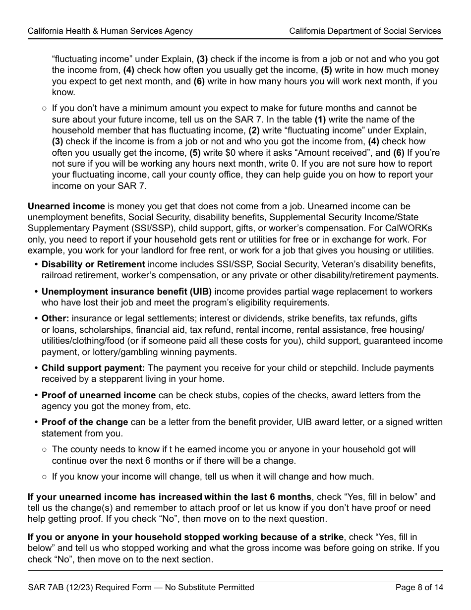Form SAR7AB Sar 7 Eligibility Status Report Instructions - California, Page 8