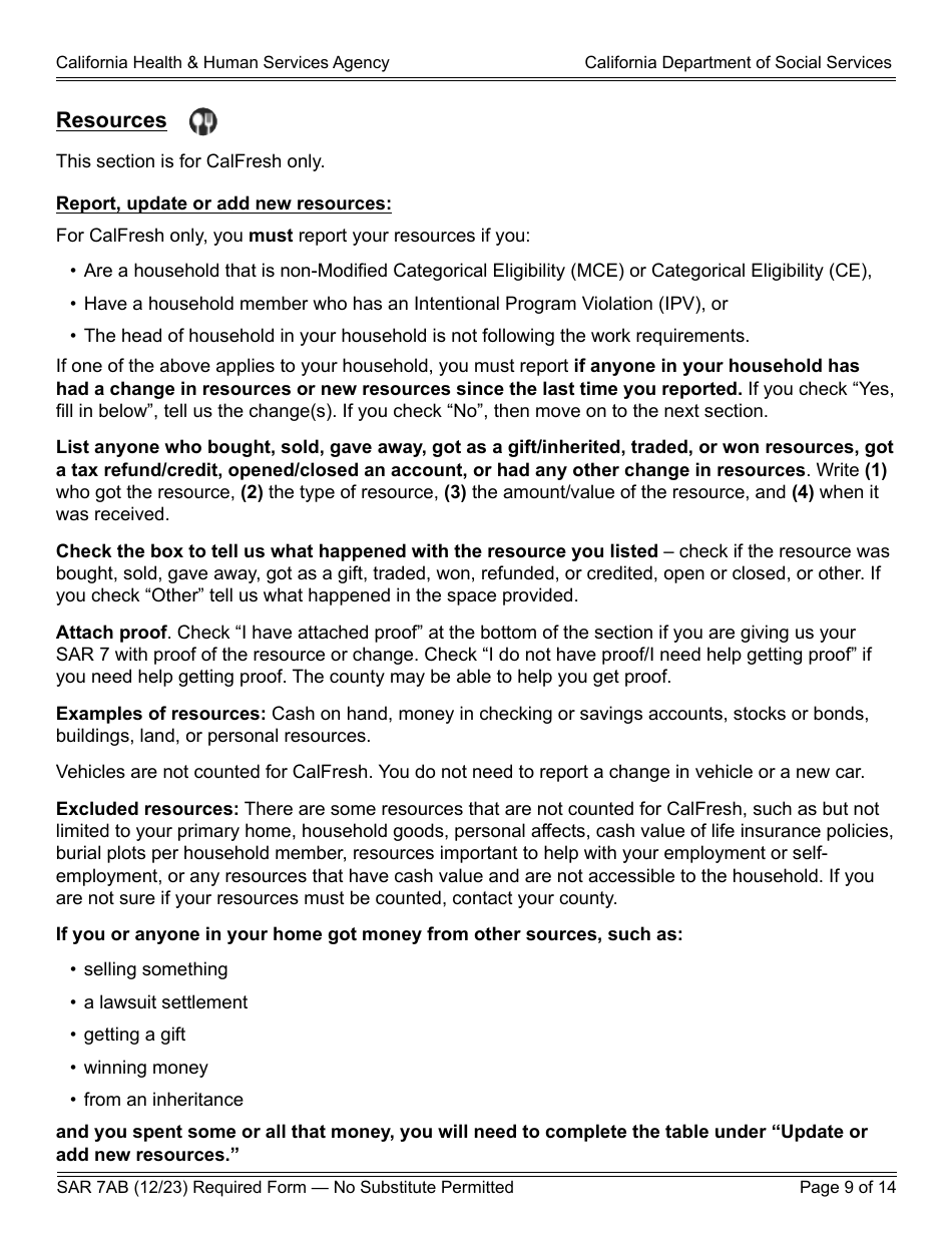 Form SAR7AB Sar 7 Eligibility Status Report Instructions - California, Page 9
