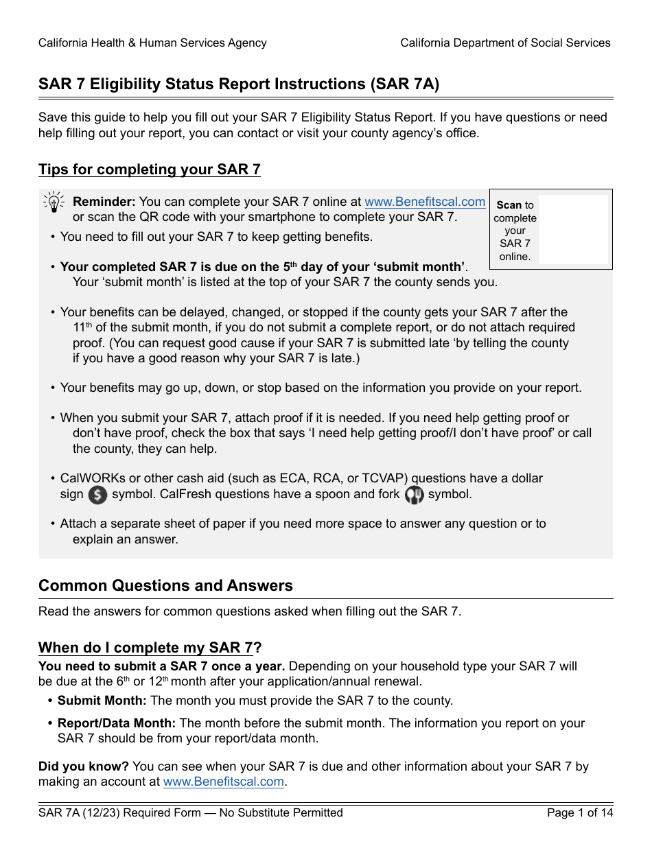 Form SAR7A Sar 7 Eligibility Status Report Instructions - California, Page 1