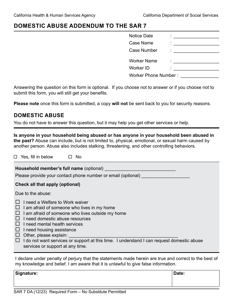 Form SAR7DA Domestic Abuse Addendum to the Sar 7 - California, Page 1