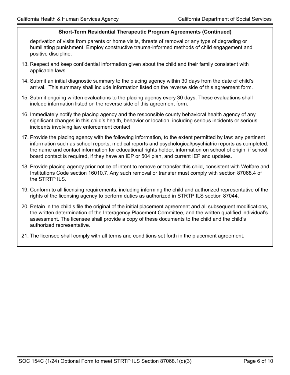 Form SOC154C Admission Agreement Child Placed by Agency Into Strtp - Agency - Short-Term Residential Therapeutic Program (Strtp) - California, Page 6