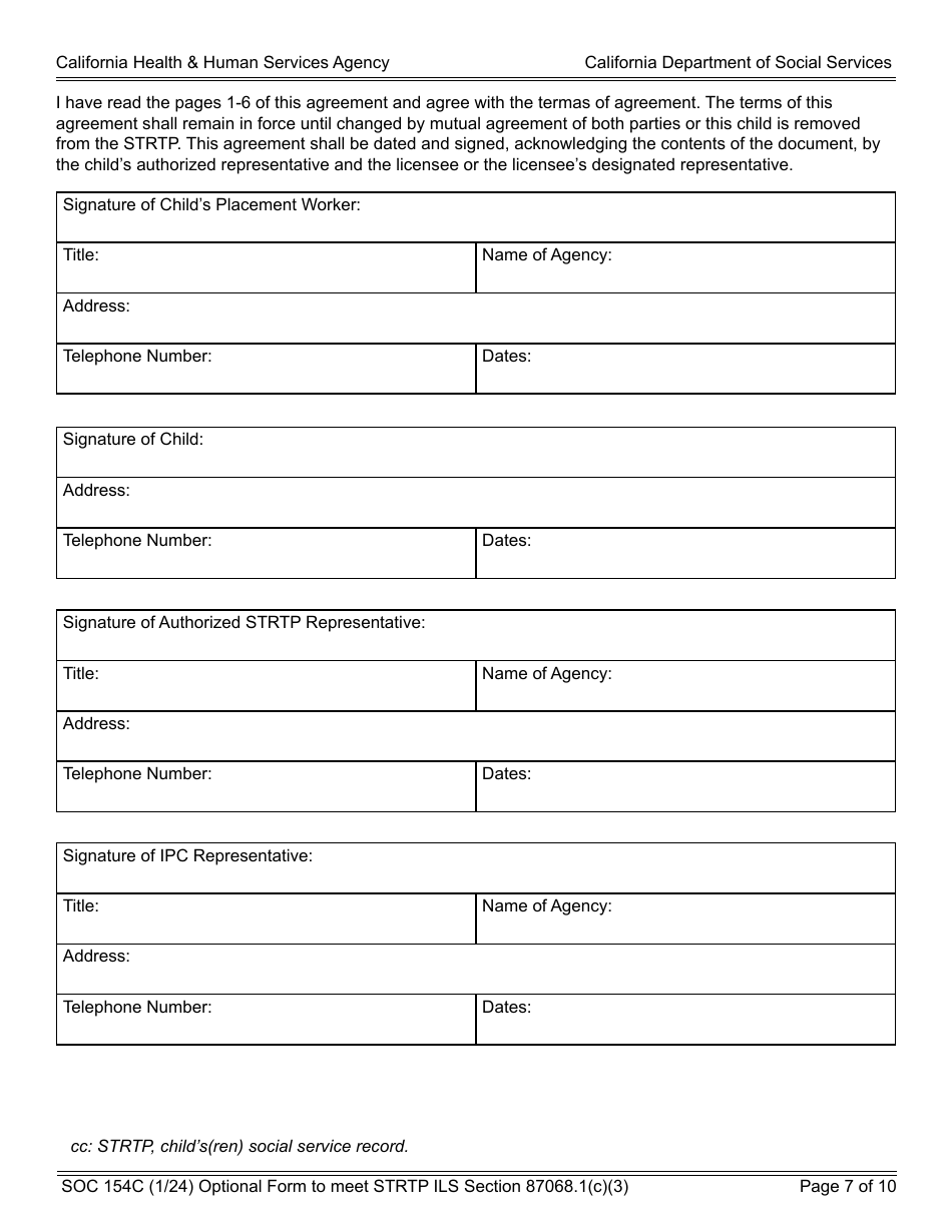 Form SOC154C Admission Agreement Child Placed by Agency Into Strtp - Agency - Short-Term Residential Therapeutic Program (Strtp) - California, Page 7