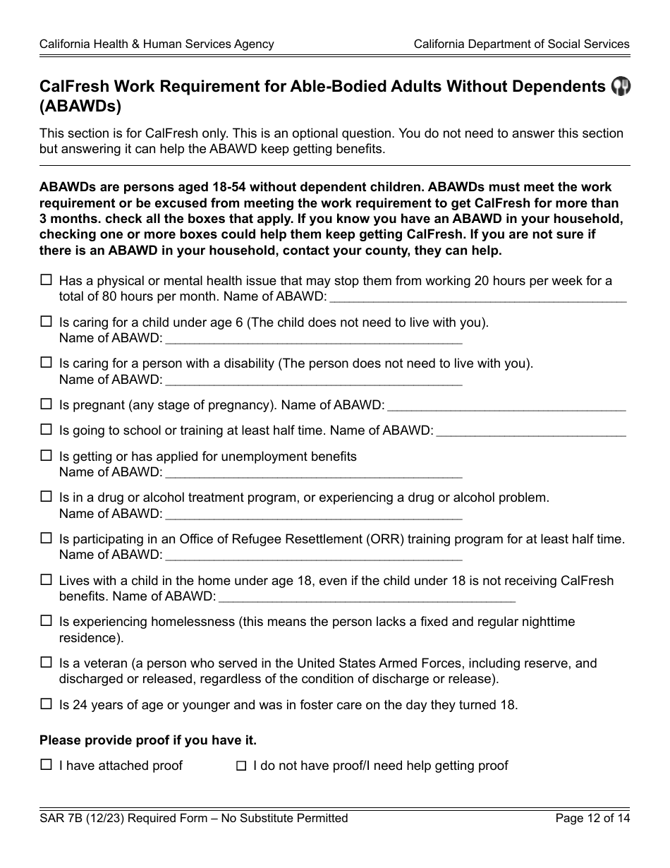 Form SAR7B Sar 7 Eligibility Status Report - California, Page 12