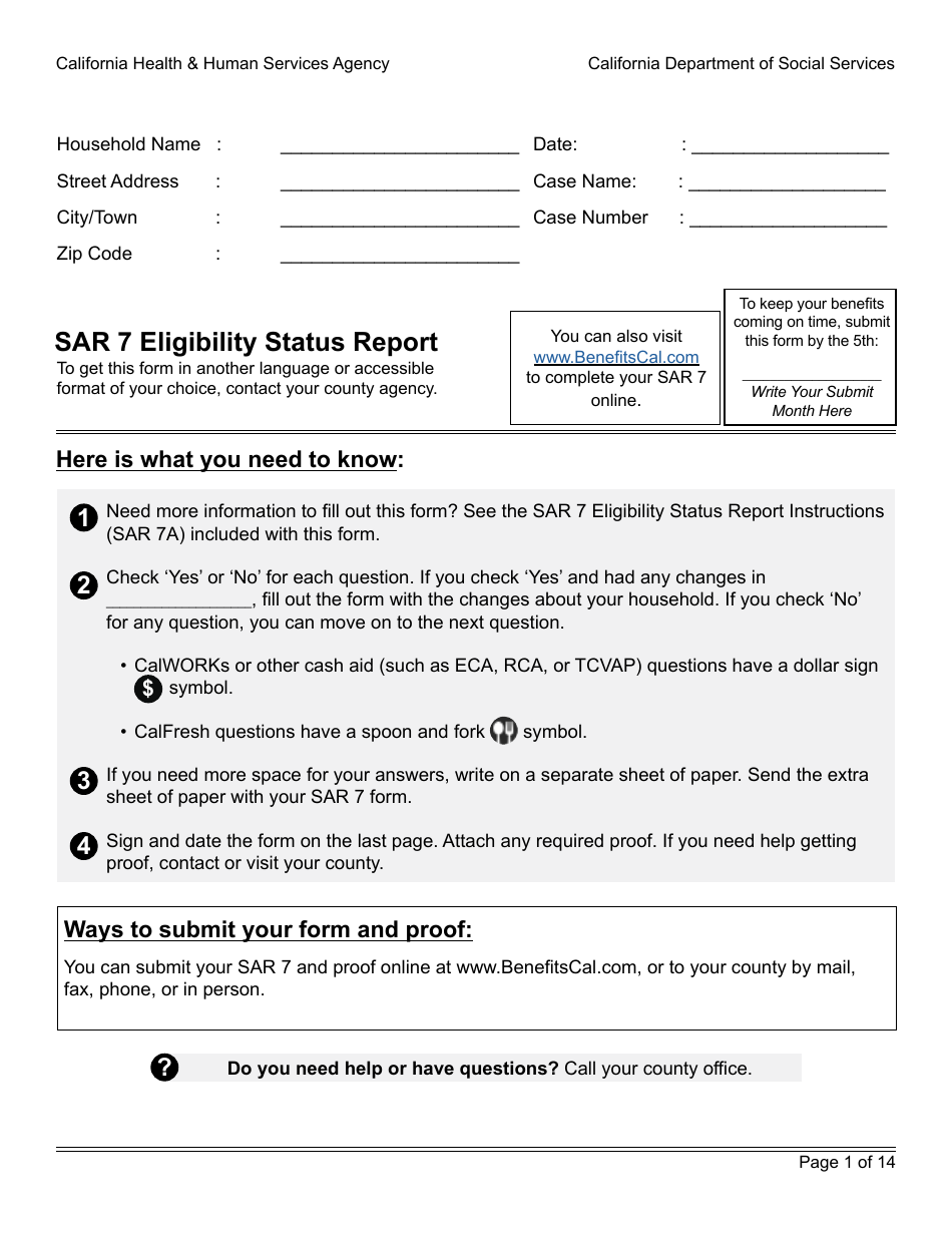 Form SAR7B Sar 7 Eligibility Status Report - California, Page 1