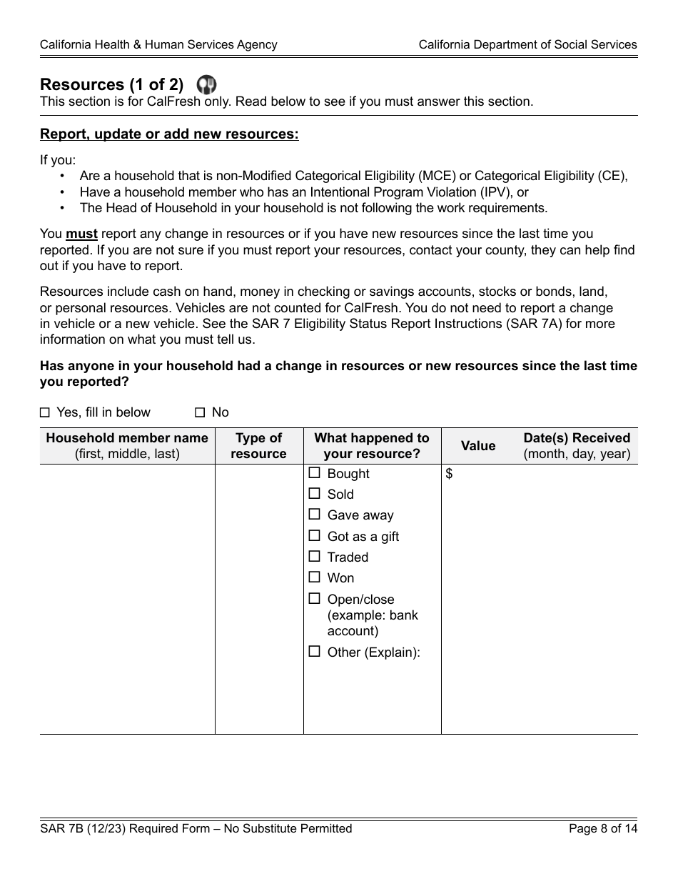 Form SAR7B Sar 7 Eligibility Status Report - California, Page 8
