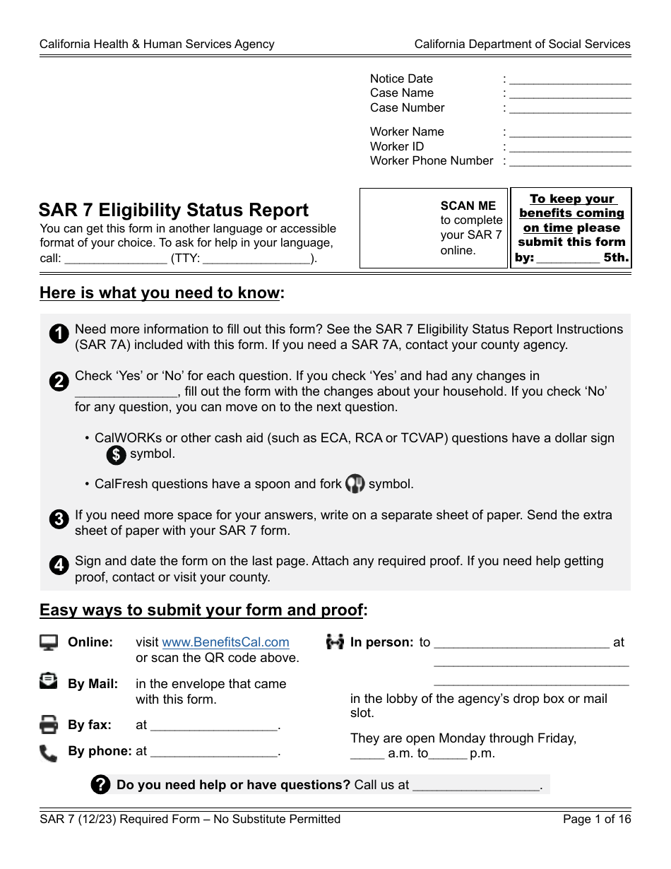 Form SAR7 Eligibility Status Report - California, Page 1