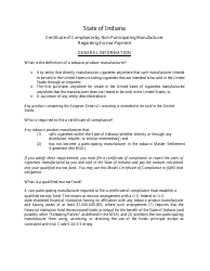 Certificate of Compliance by Non-participating Manufacturer Regarding Escrow Payment - Indiana