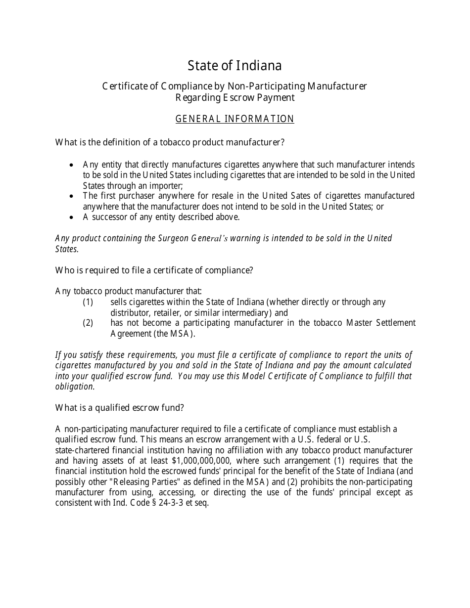 Certificate of Compliance by Non-participating Manufacturer Regarding Escrow Payment - Indiana, Page 1