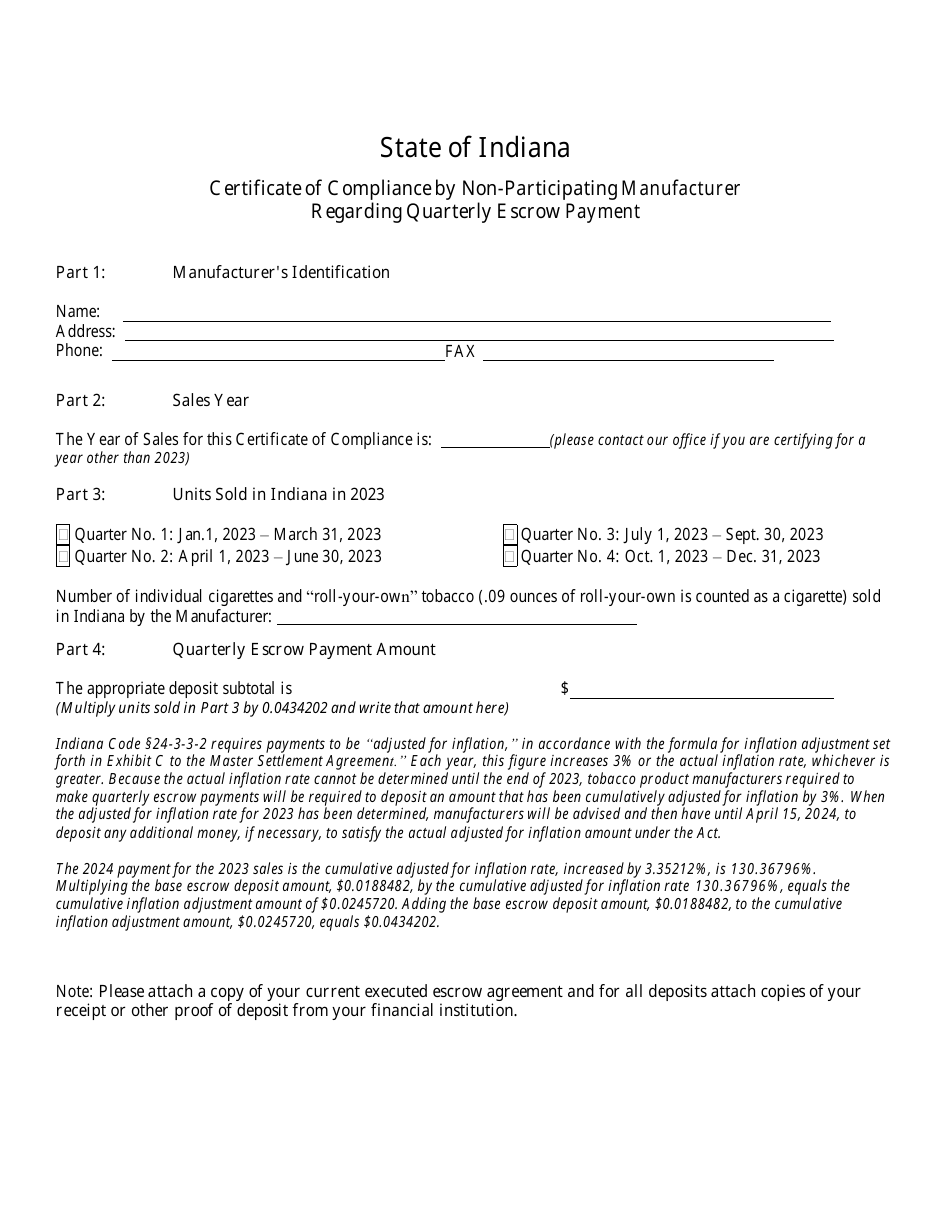 Certificate of Compliance by Non-participating Manufacturer Regarding Escrow Payment - Indiana, Page 3