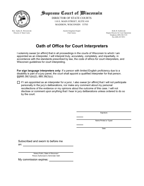 Oath of Office for Court Interpreters - Wisconsin Download Pdf