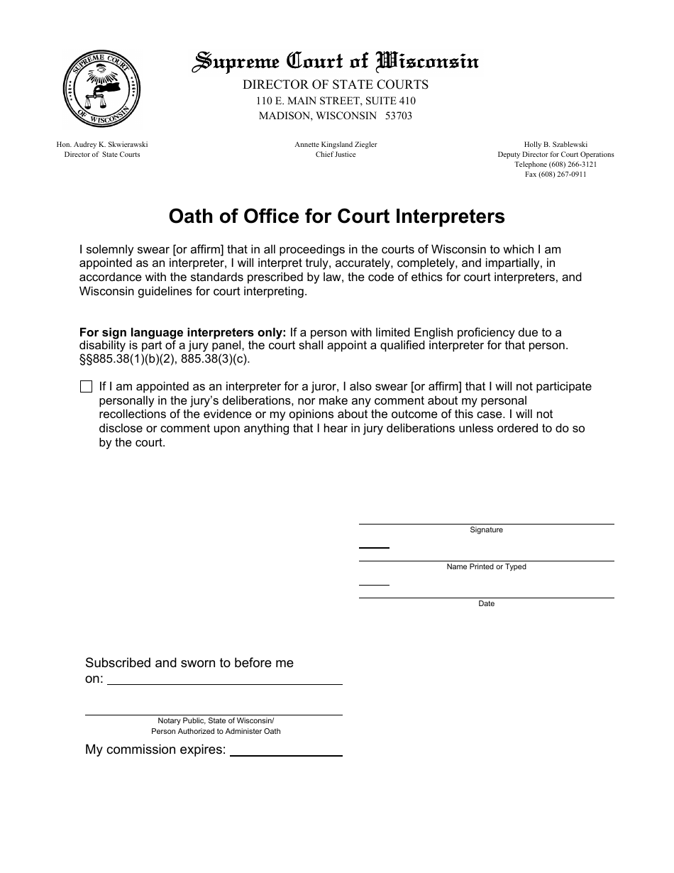 Oath of Office for Court Interpreters - Wisconsin, Page 1