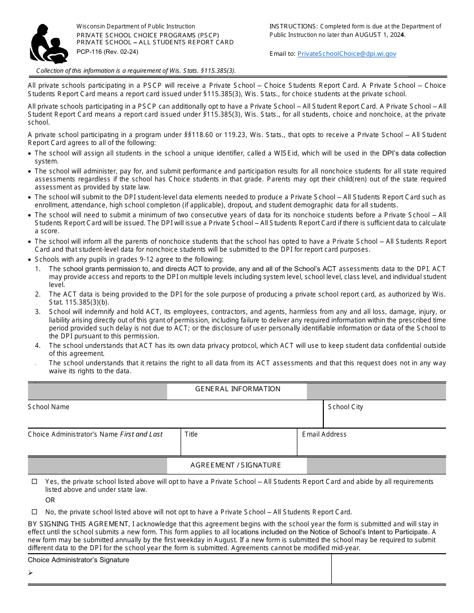 Form PCP-116 Private School - All Students Report Card - Private School Choice Programs (Pscp) - Wisconsin, Page 1