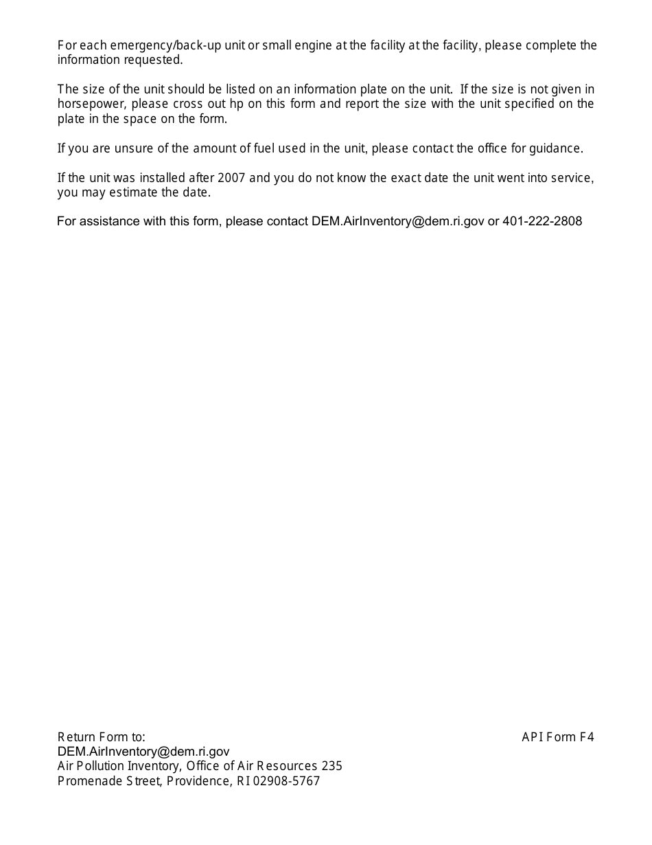 API Form F4 Emergency / Back-Up Generators Small Engines - Rhode Island, Page 2