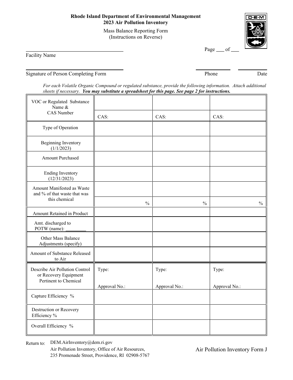 API Form J Mass Balance Reporting Form - Rhode Island, Page 1