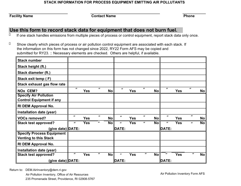 API Form AFS Stack Information for Process Equipment Emitting Air Pollutants - Rhode Island, 2023