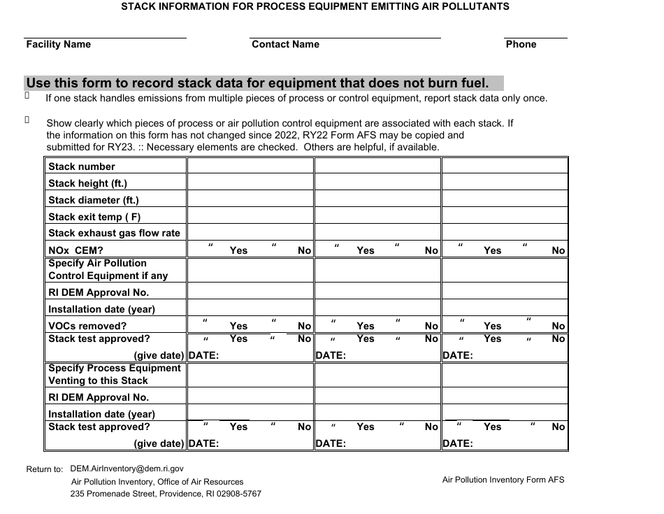 API Form AFS Stack Information for Process Equipment Emitting Air Pollutants - Rhode Island, Page 1