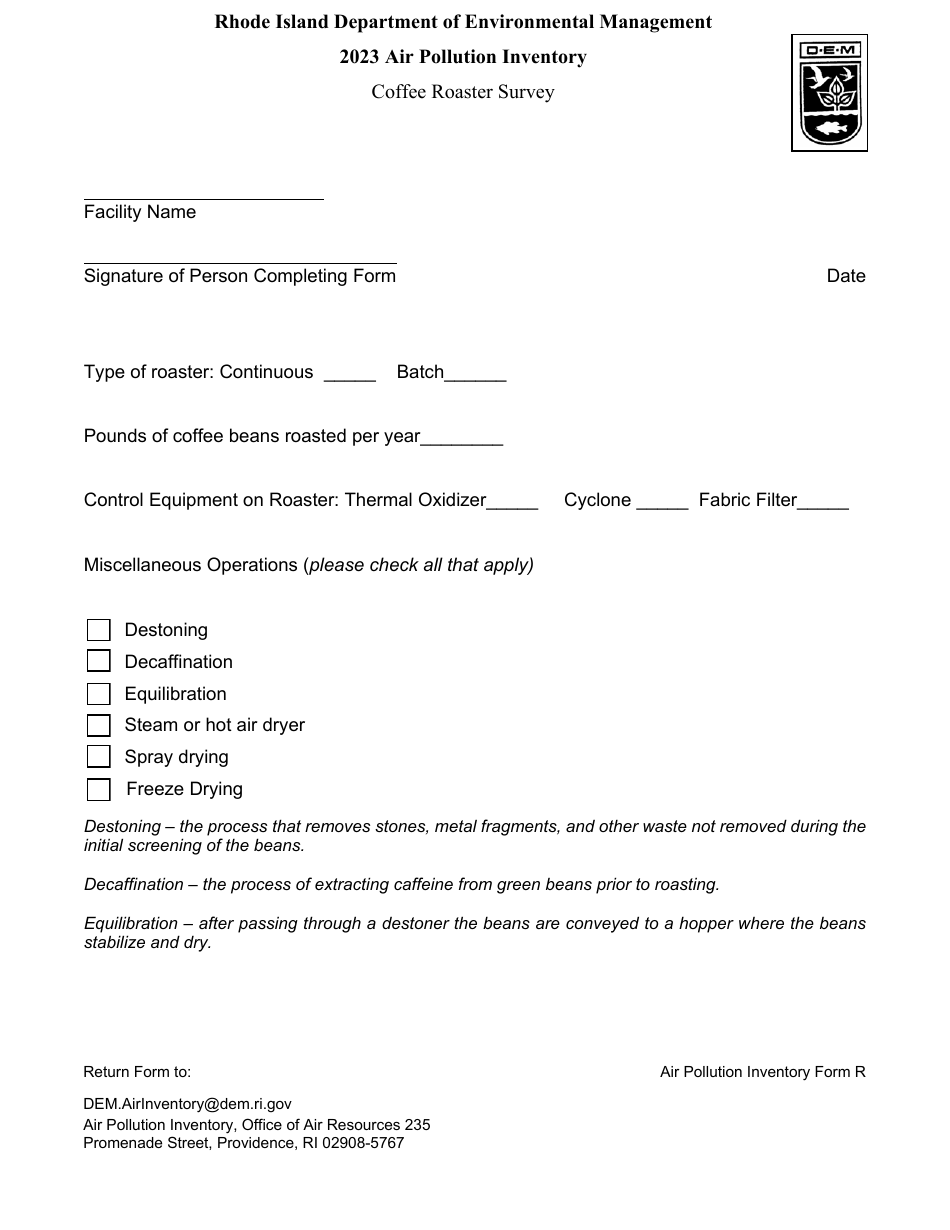 API Form R Coffee Roaster Survey - Rhode Island, Page 1