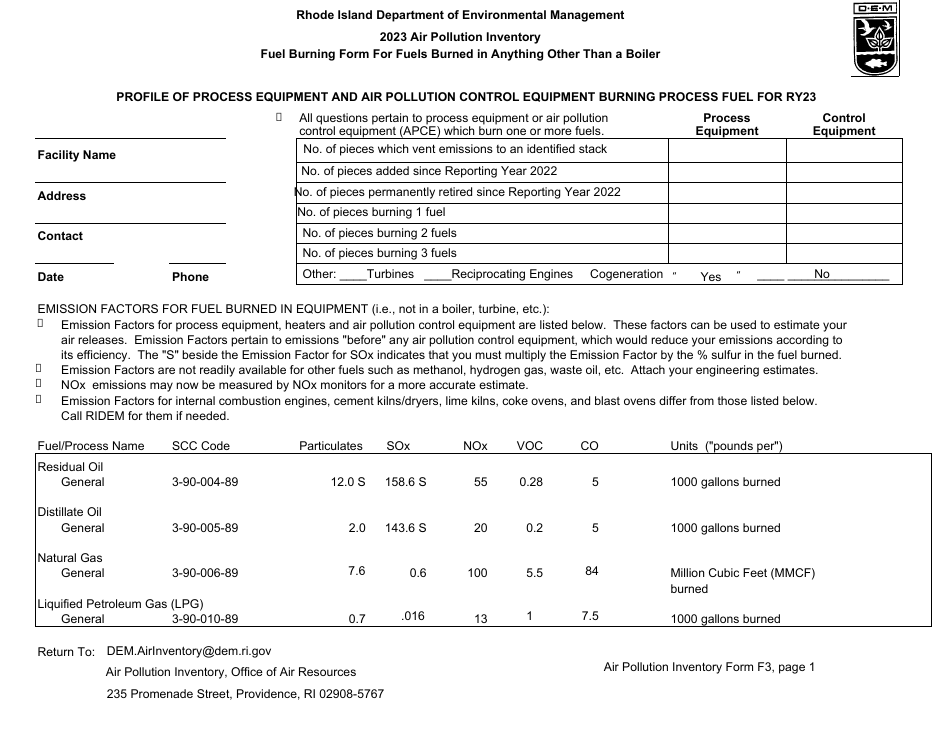 API Form F3 Fuel Burning Form for Fuels Burned in Anything Other Than a Boiler - Rhode Island, Page 1