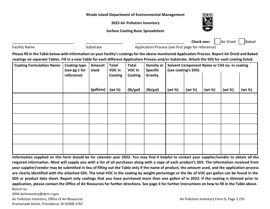 API Form D Surface Coating Basic Spreadsheet - Rhode Island, Page 3