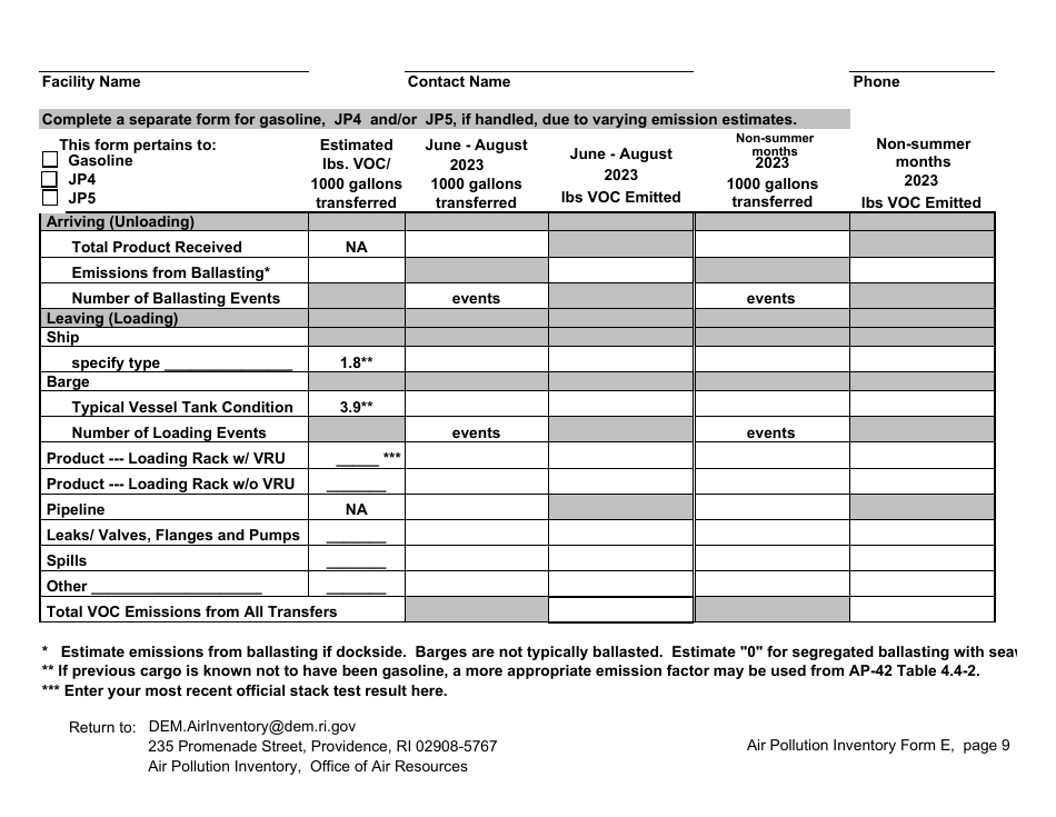 API Form E9 Bulk Terminal Operations - Rhode Island, Page 1