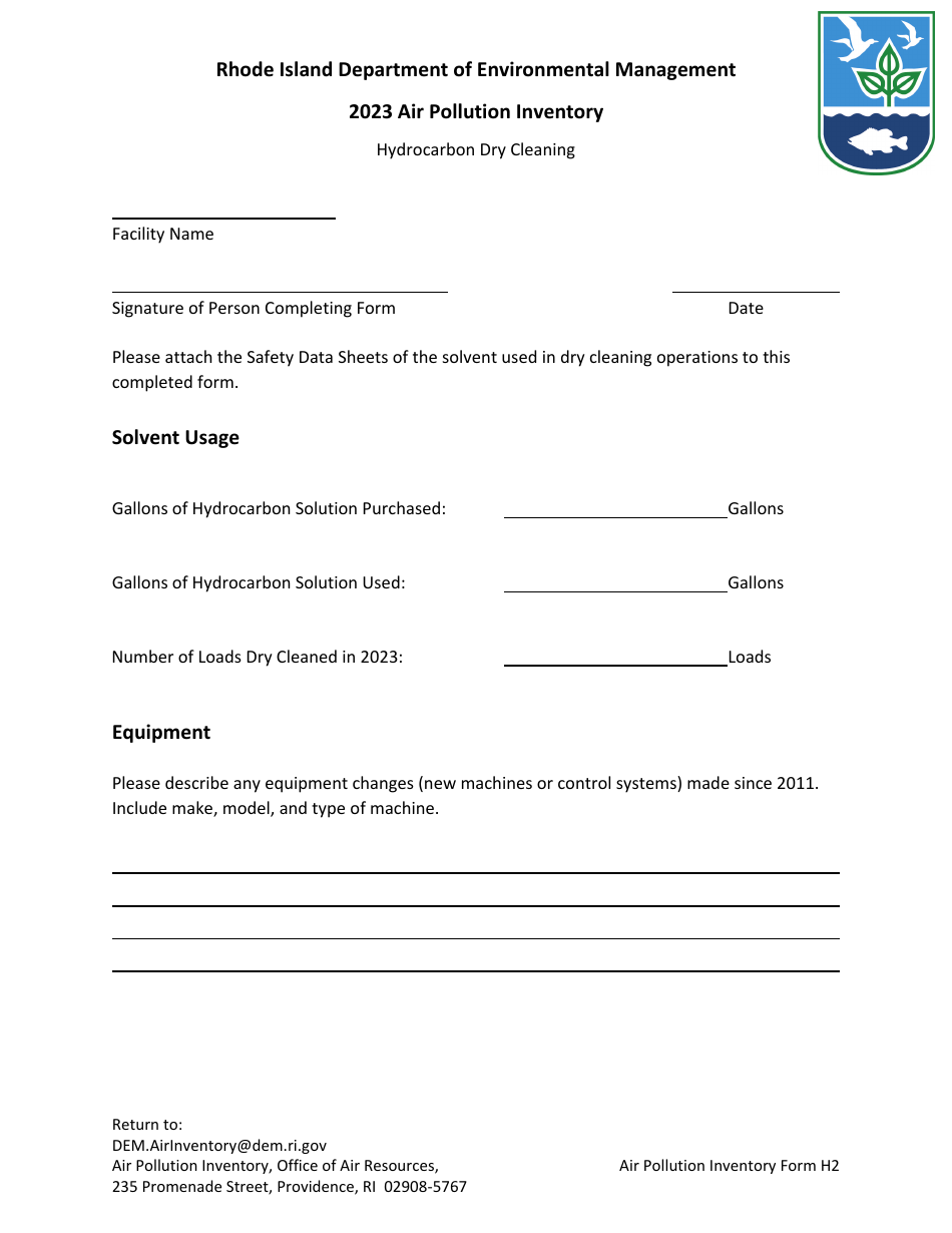 API Form H2 Hydrocarbon Dry Cleaning - Rhode Island, Page 1