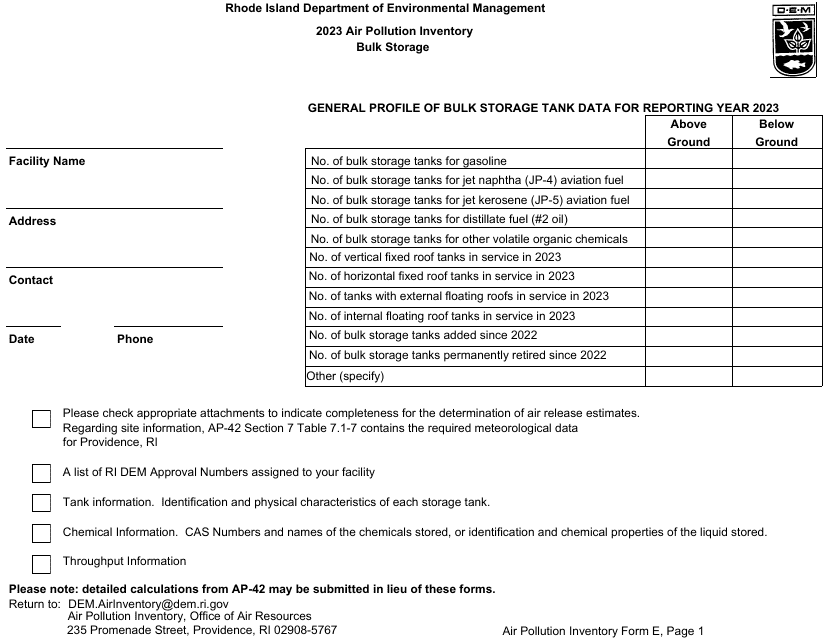 API Form E1 General Tank Information - Rhode Island, 2023