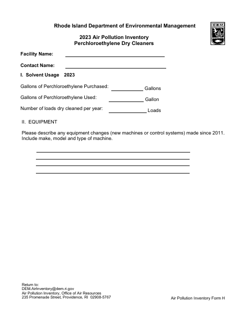 API Form H Perchloroethylene Dry Cleaners - Rhode Island, 2023