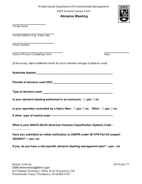 API Form T1 General Survey Form - Abrasive Blasting - Rhode Island, 2023