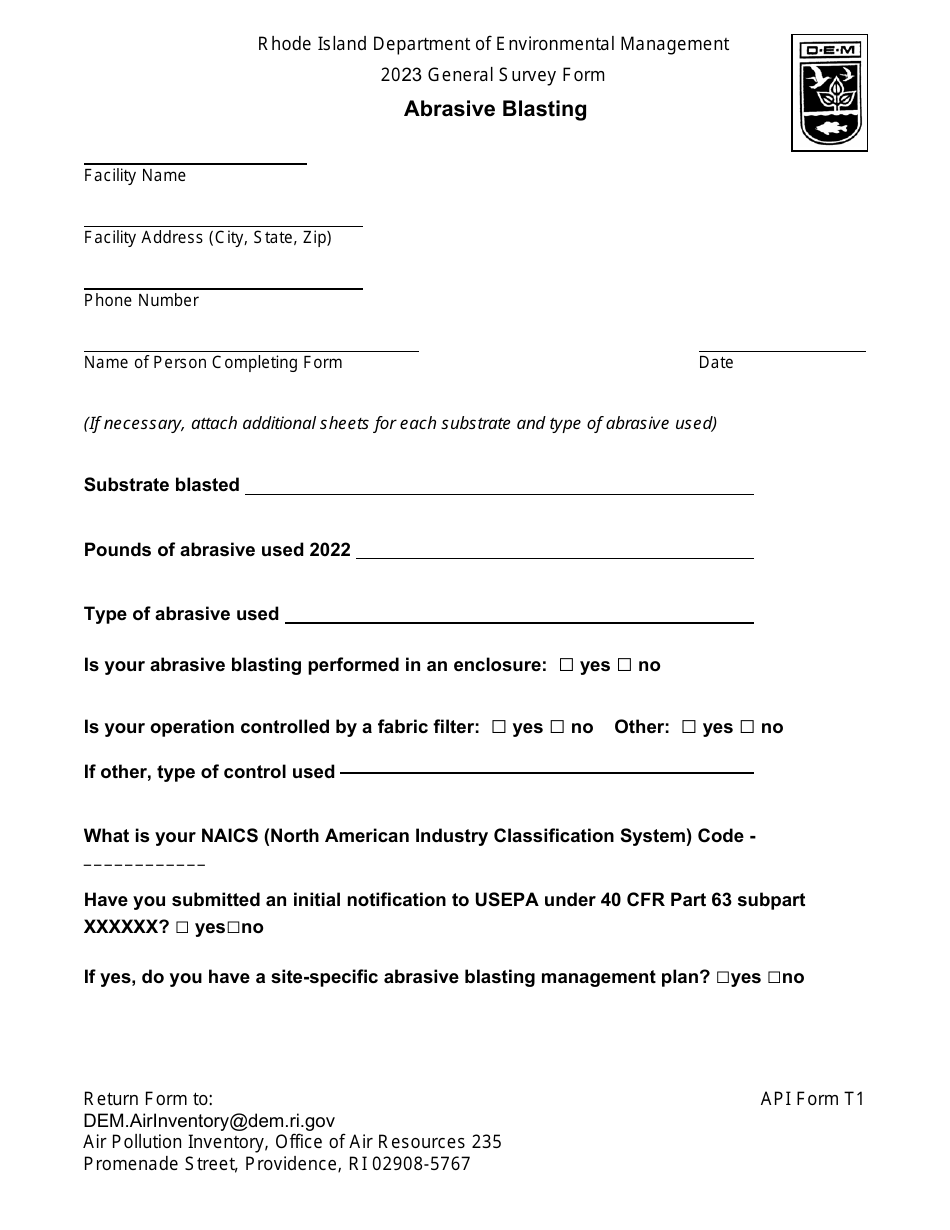 API Form T1 General Survey Form - Abrasive Blasting - Rhode Island, Page 1