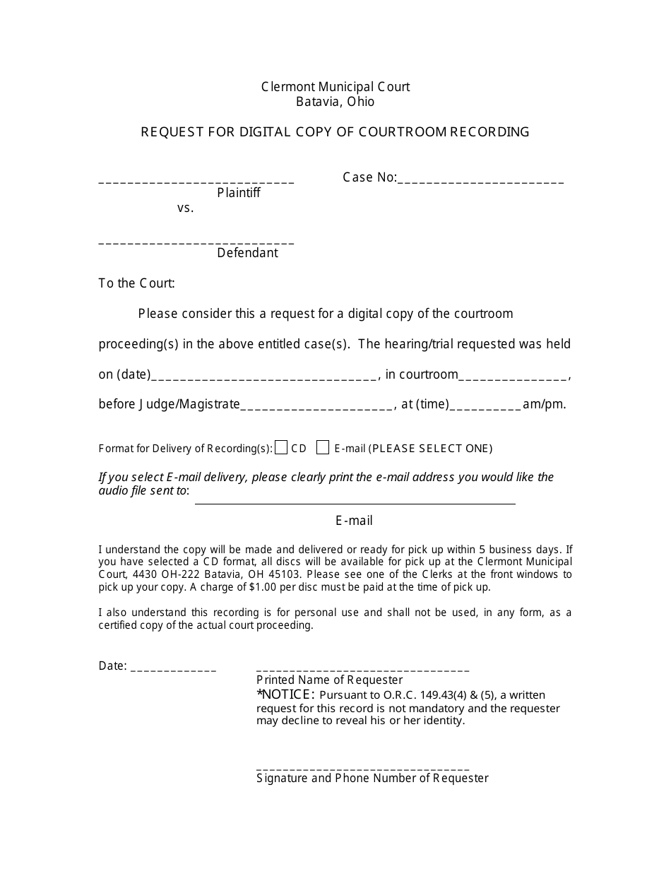 Request for Digital Copy of Courtroom Recording - Clermont County, Ohio, Page 1