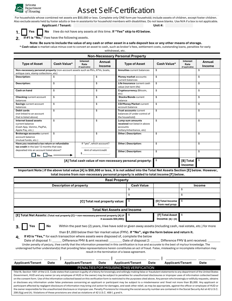 Arizona Asset Self-certification - Fill Out, Sign Online and Download ...