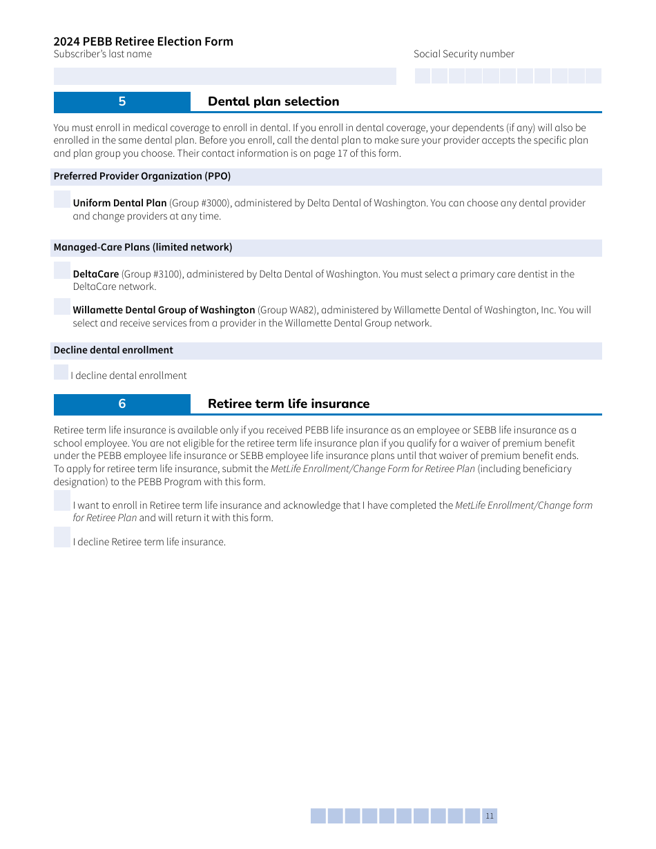 Form A (HCA51-4031) Pebb Retiree Election Form - Washington, Page 11