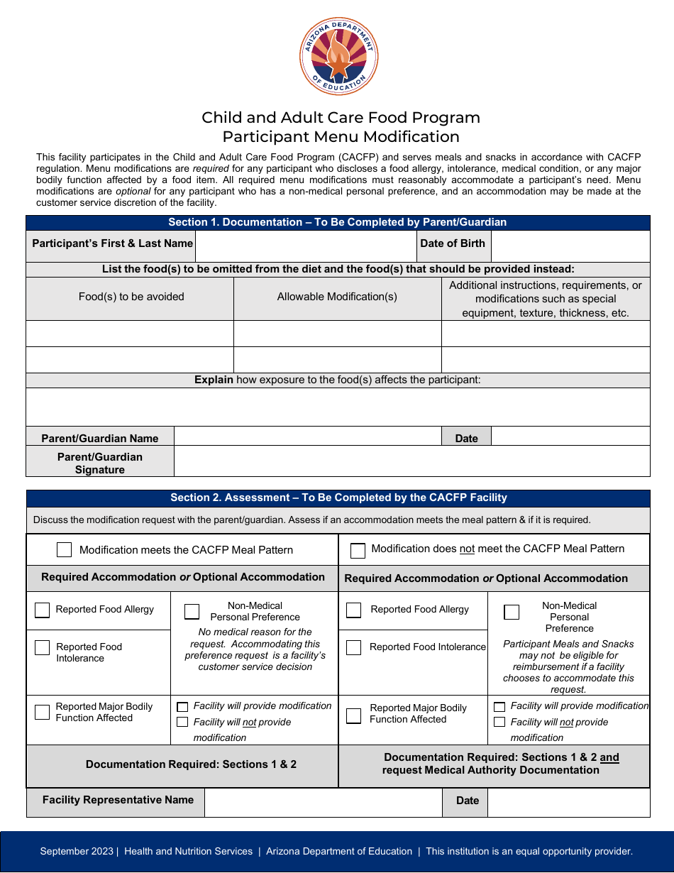 Participant Menu Modification - Child and Adult Care Food Program - Arizona, Page 1