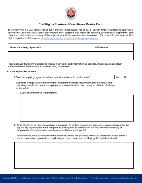 Civil Rights Pre-award Compliance Review Form - Arizona Download Pdf