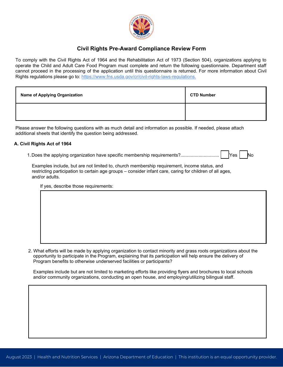 Civil Rights Pre-award Compliance Review Form - Arizona, Page 1