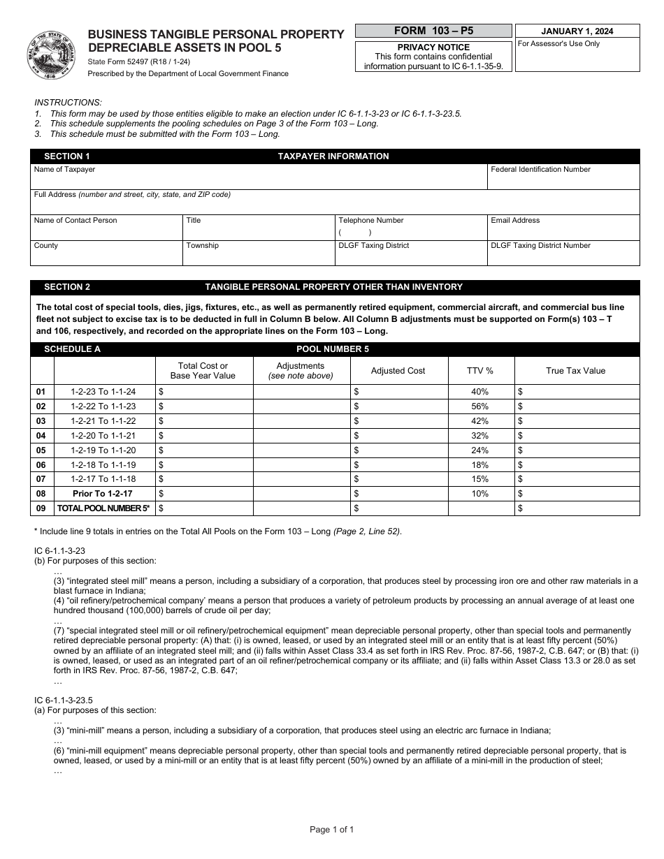 State Form 52497 (103-P5) Business Tangible Personal Property Depreciable Assets in Pool 5 - Indiana, Page 1