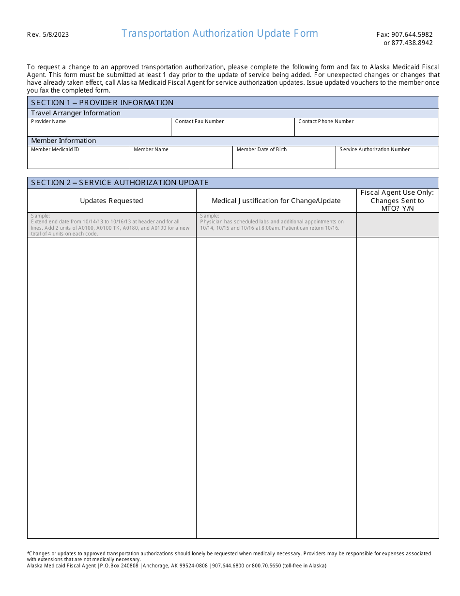 Transportation Authorization Update Form - Alaska, Page 1
