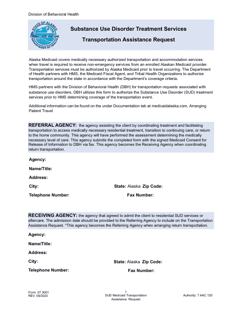 Form 07.3001 Substance Use Disorder Treatment Services Transportation Assistance Request - Alaska