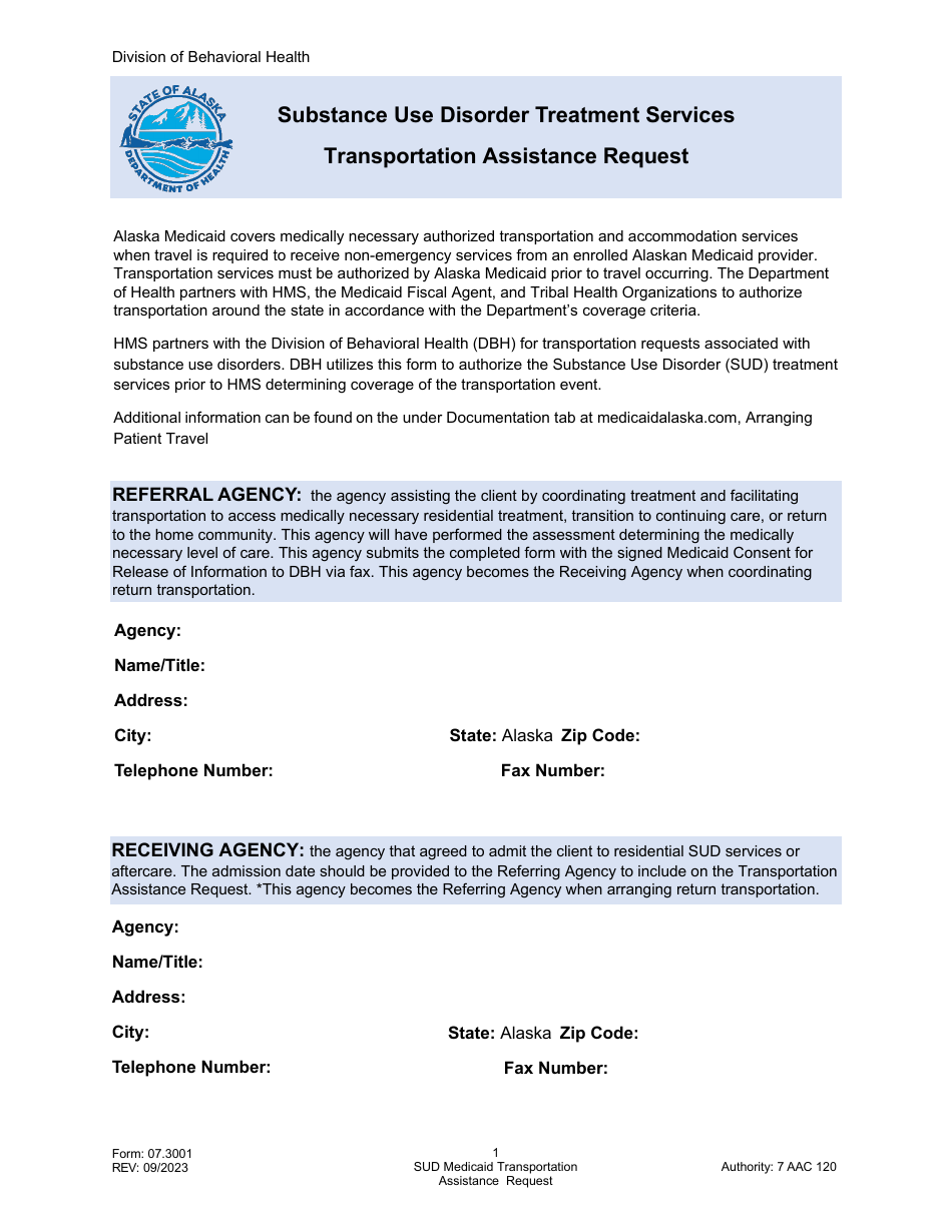 Form 07.3001 Substance Use Disorder Treatment Services Transportation Assistance Request - Alaska, Page 1