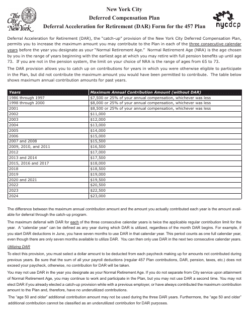 Deferral Acceleration for Retirement (Dar) Form - 457 Deferred Compensation Plan - New York City