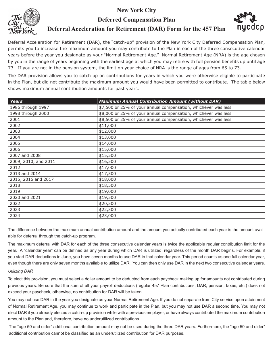 Deferral Acceleration for Retirement (Dar) Form - 457 Deferred Compensation Plan - New York City, Page 1