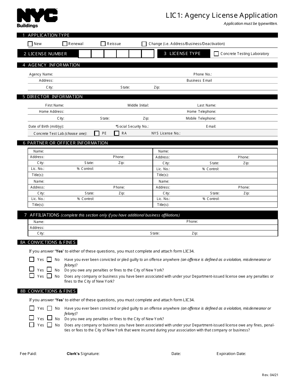 Form LIC1 Agency License Application - New York City, Page 1