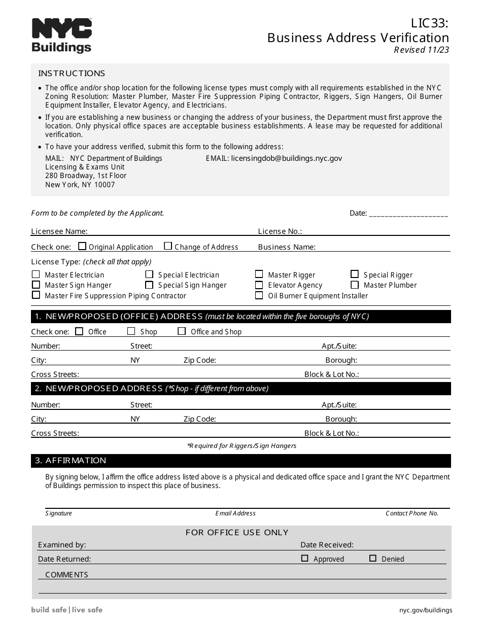 Form LIC33 Business Address Verification - New York City, Page 1