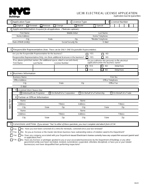 Form LIC38 Electrical License Application - New York City