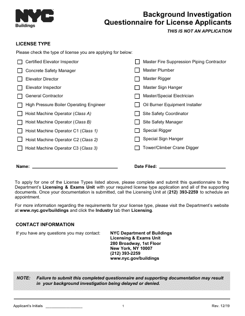 Background Investigation Questionnaire for License Applicants - New York City Download Pdf