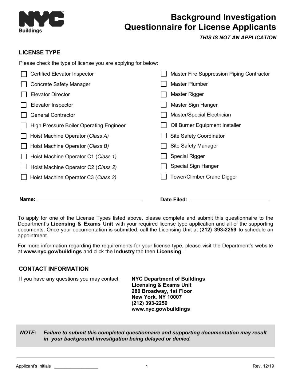 Background Investigation Questionnaire for License Applicants - New York City, Page 1