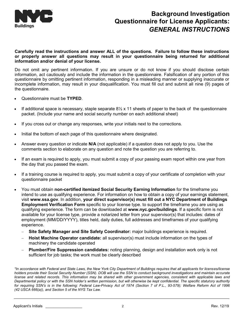 Background Investigation Questionnaire for License Applicants - New York City, Page 2