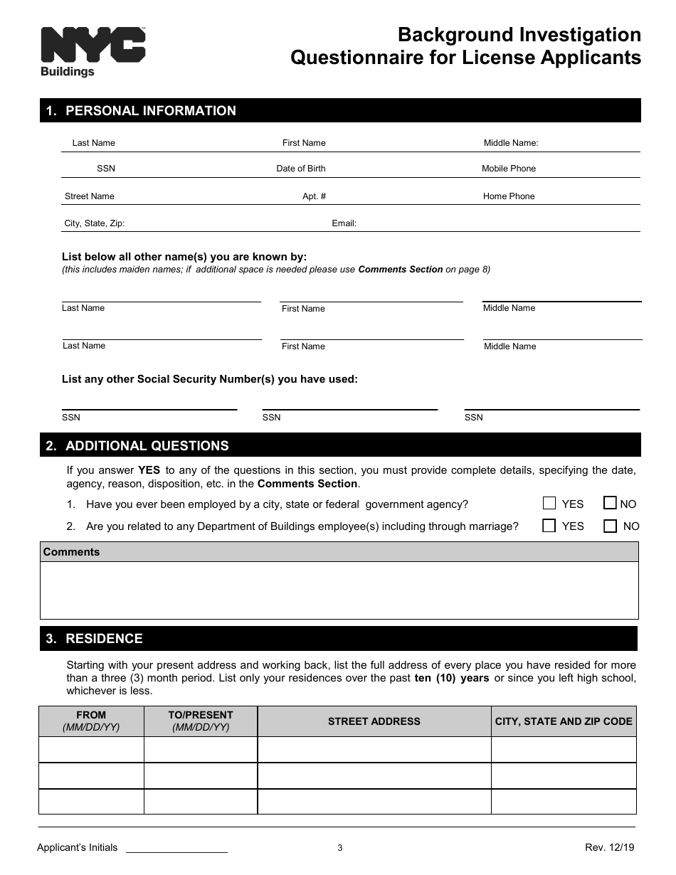 Background Investigation Questionnaire for License Applicants - New York City, Page 3