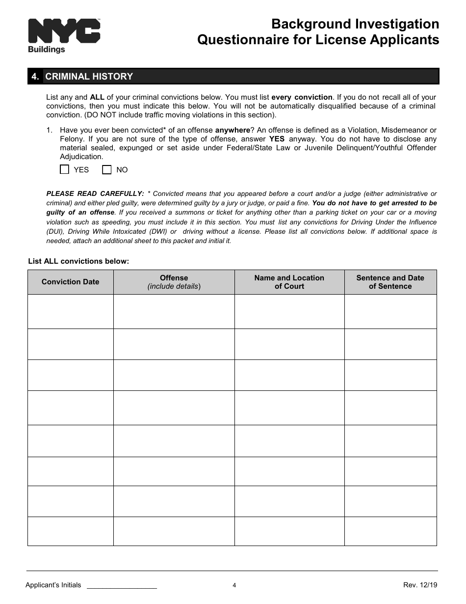 Background Investigation Questionnaire for License Applicants - New York City, Page 4