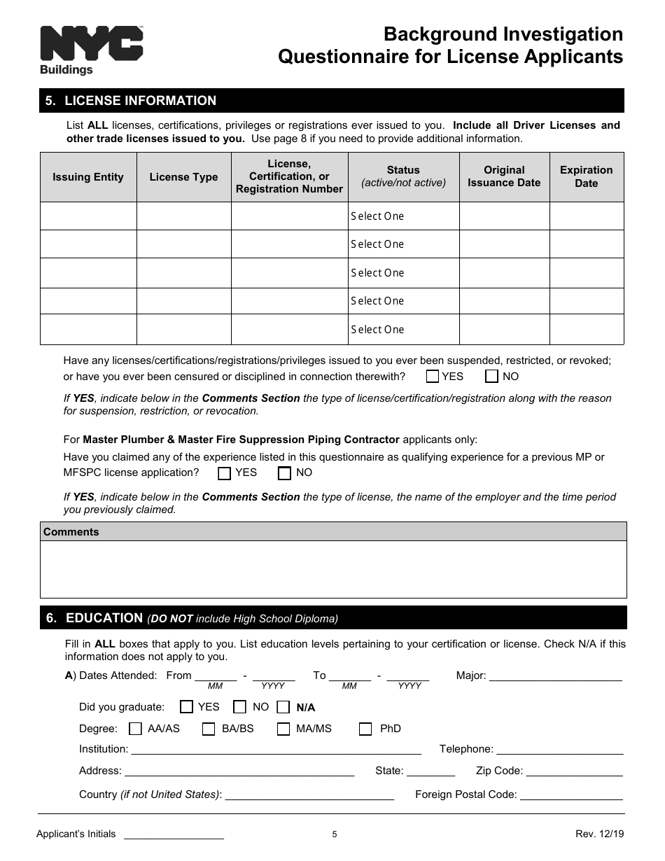 Background Investigation Questionnaire for License Applicants - New York City, Page 5